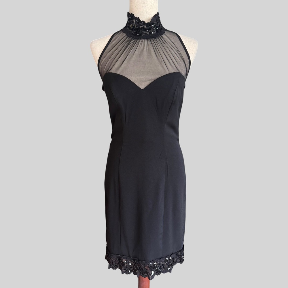 BB Collections Vintage Black Sequin Lace Halter Mesh Sheath Dress Size 6 LBD 90s